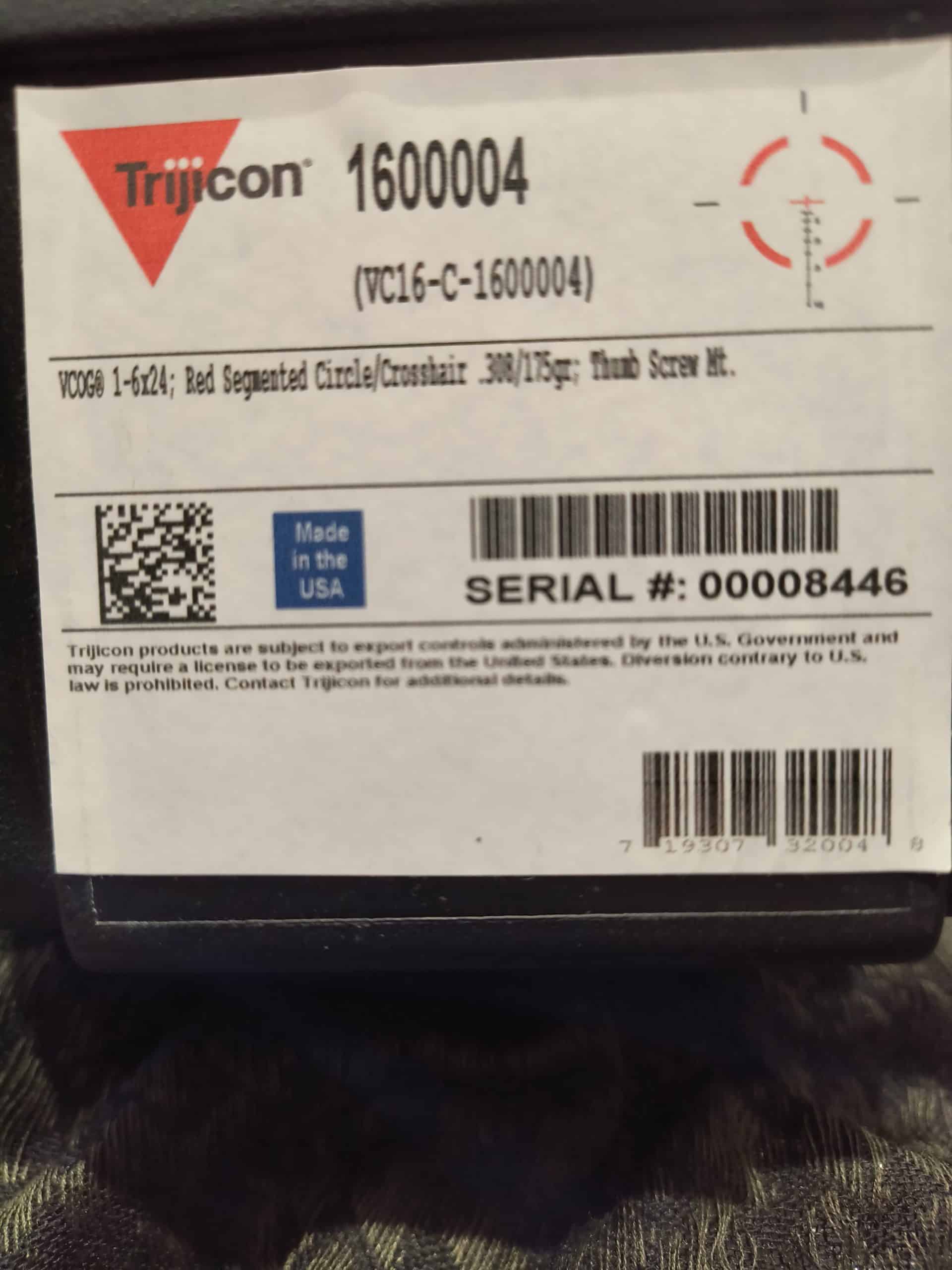 Trijicon VCOG® 1-6×24 LED Riflescope – .308 / 175 Grain Red Segmented Circle / Crosshair, Thumbscrew Mount